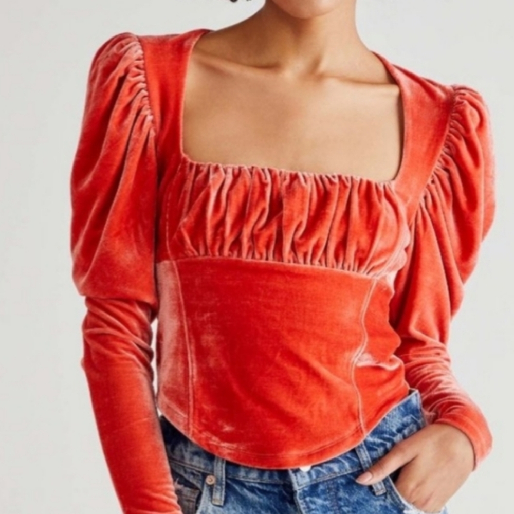 Free People Velvet Puff Sleeve Blouse in Red